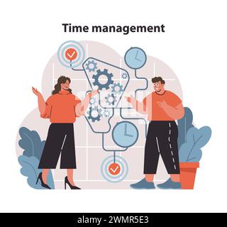 Effective Time Management Strategies. Project managers coordinate tasks and deadlines, ensuring workflow efficiency. Flat vector illustration. Stock Vector
