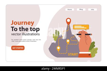Journey to the top concept. Hand charting path on mountain, from start to peak. Ambition, challenge, and personal growth narrative. Success planning. Flat vector illustration. Stock Vector