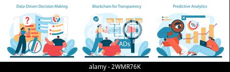 Data-driven, Predictive Analysis and Blockchain set. Utilizing big data for decisions, ensuring ad transparency, and leveraging predictive models. Flat vector illustration. Stock Vector