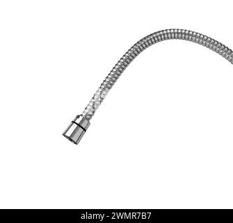 Shower hose isolated on white.  Chrome plated shower pipe. Stock Photo