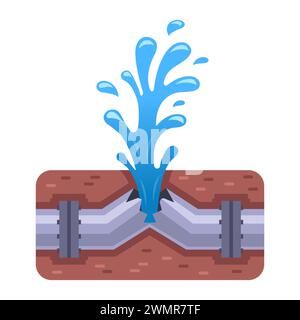 burst of water pipe from underground. flat vector illustration. Stock Vector