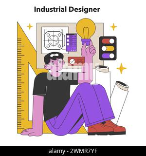 Innovative Industrial Designer Conceptualizing Products. A visionary thinker sketches new inventions, blending practicality with creative design. Flat vector illustration. Stock Vector