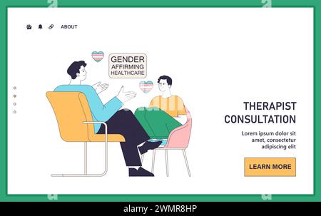 Gender transition web or landing. Gender-affirming care for transgender people. Patient discusses their gender transition with a supportive therapist. Flat vector illustration Stock Vector