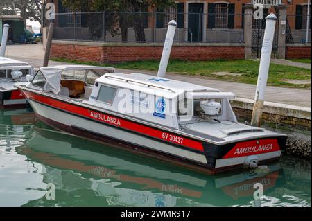 Burano, Italy- Feb 25, 2023: A Water Ambulance moored in Burano Italy. Stock Photo