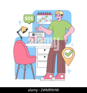 Digital freelancer setup. Enthusiastic young man showcasing his website project, with revenue insights, nearby calendar, and task completion icon. Earning online made vibrant. Flat vector illustration Stock Vector