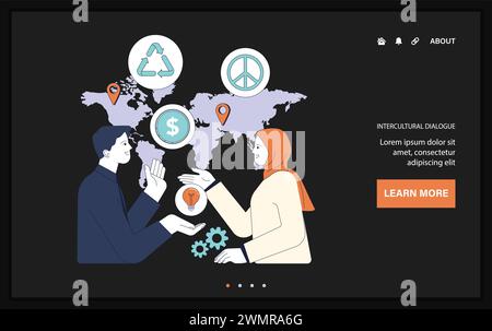 Political action web or landing. Global cooperation for sustainability. Diverse leaders engage in multicultural dialogue for sustainable development. Flat vector illustration. Stock Vector
