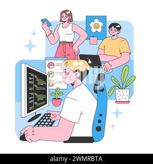 Modern office setting. Man focused on coding task while teammates discuss and use mobile. Vibrant workspace elements and greenery. Tech collaboration. Flat vector illustration. Stock Vector