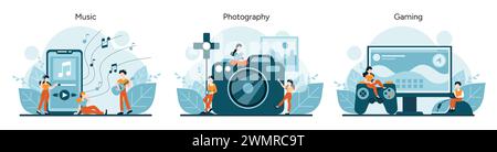 Hobbies and Entertainment set. Musicians and listeners enjoying melodies, photographers capturing moments, gamers immersed in virtual worlds. Dynamic expression of digital leisure. Vector illustration Stock Vector