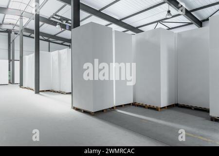 A large blocks of Styrofoam are stacked in a warehouse. Industrial production of polystyrene foam insulation panels or plates from expanded polystyren Stock Photo