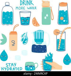 Set of hand drawn glass, bottle with water. Concept of drinking more water, hydration. Cute cartoon elements. Stock Vector