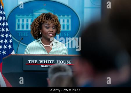 Washington, United States. 27th Feb, 2024. Press Secretary Karine Jean-Pierre speaks during the daily press briefing at the White House in Washington, DC on Tuesday, February 27, 2024. Photo by Bonnie Cash/Pool/ABACAPRESS.COM Credit: Abaca Press/Alamy Live News Stock Photo