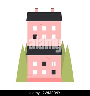 Tiny house building. Cute small house with two floors, tiny cottage cartoon vector illustration Stock Vector