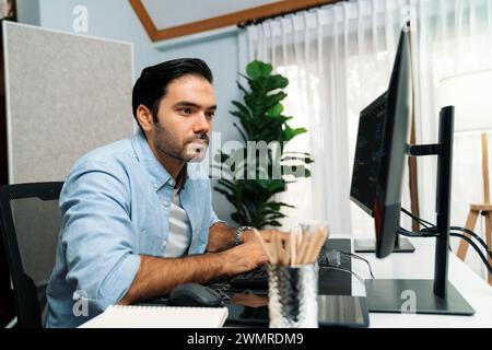 Smart IT developer working software development coding with creating application program update version online website on data's company system two Stock Photo