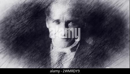 Portrait Drawing. Mustafa Kemal Ataturk, Founder of the Republic of Turkey. Stock Photo