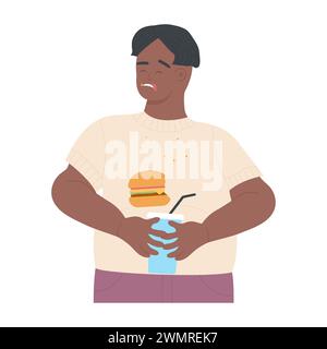 Fat boy eating fast food. Overweight man with junk food, weight loss diet cartoon vector illustration Stock Vector