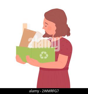 Little girl sorting paper garbage. Zero waste kids, trash management cartoon vector illustration Stock Vector