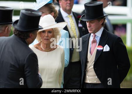 FILE PICS. 27th February, 2024. Thomas Kingston, husband to Lady Gabriella Windsor has tragically passed away aged 45. Ascot, Berkshire, UK. 24th June, 2023. Queen Camilla (M) with Thomas Kingston (R) at Royal Ascot. Thomas Kingston is married to Lady Gabriella is the daughter of Prince and Princess Michael of Kent. Credit: Maureen McLean/Alamy Live News Stock Photo