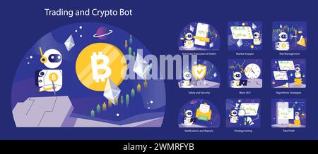 Trading and Crypto Bot night or dark mode set. Comprehensive vector illustrations showcasing automated trading technology, market analysis, and strategy execution. Vector illustration. Stock Vector