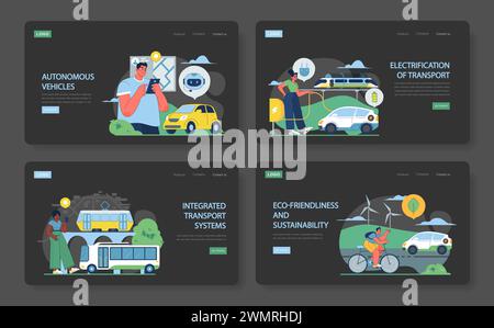 Urban Transportation Methods set. Innovative autonomous driving and electric vehicles. Unified systems for interconnected urban travel. Promoting sustainability through renewable energy. Stock Vector