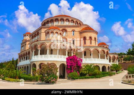 Greece travel and landmarks. Saronics island Aegina (Egina) . impressive orthodox Agios Nektarios monastery and church Stock Photo