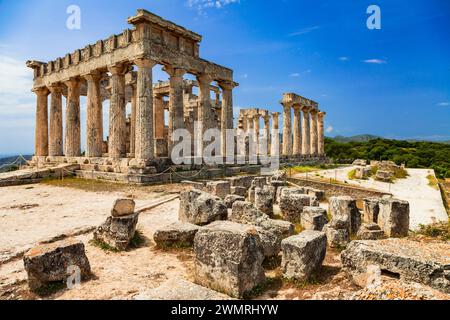 Greece travel and landmarks . antique temple of Orfeas in Aegina island, the prototipe of Acropolis. Saronics gulf Stock Photo