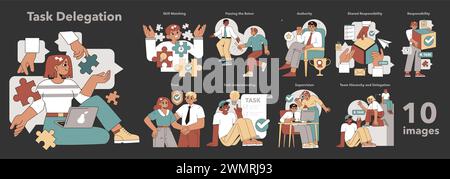 Task Delegation set. A series of illustrations showcasing team collaboration, leadership, and effective management in delegating responsibilities. Vector illustration. Stock Vector