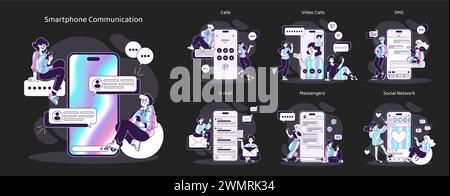 Smartphone Communication set. Modern digital interaction through diverse channels. Engage in calls, video chats, emails, instant messaging, and social media. Vector illustration Stock Vector