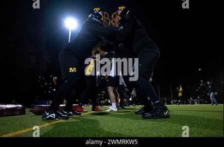 Munich, Germany. 27th Feb, 2024. Munich Cowboys players train at the training ground on Görzer Straße. The club is one of the oldest football clubs in Germany. Credit: Sven Hoppe/dpa/Alamy Live News Stock Photo