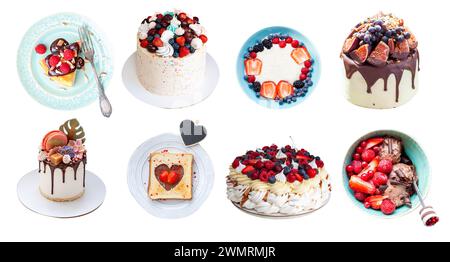 Set of isolated homemade desserts and cakes with fresh fruit berries ...