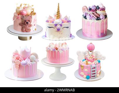 Various tender pink cakes isolated on white background. Cakes with teddy bear, bunny, unicorn, marshmallow, meringue, png, close up Stock Photo