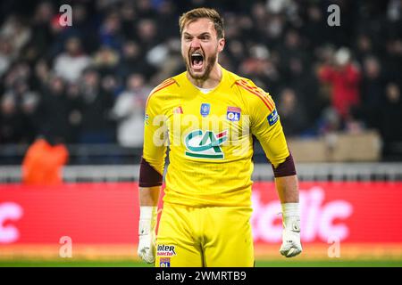 Decines Charpieu, France. 27th Feb, 2024. Lucas PERRI of Lyon celebrates during the French Cup, Quarter-Finals football match between Olympique Lyonnais (Lyon) and RC Strasbourg on February 27, 2024 at Groupama stadium in Decines-Charpieu near Lyon, France - Photo Matthieu Mirville/DPPI Credit: DPPI Media/Alamy Live News Stock Photo