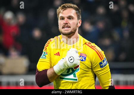 Decines-Charpieu, France, France. 27th Feb, 2024. Lucas PERRI of Lyon celebrates during the French Cup match between Olympique Lyonnais (OL) and Racing Club de Strasbourg at Groupama Stadium on February 27, 2024 in Decines-Charpieu near Lyon, France. (Credit Image: © Matthieu Mirville/ZUMA Press Wire) EDITORIAL USAGE ONLY! Not for Commercial USAGE! Stock Photo