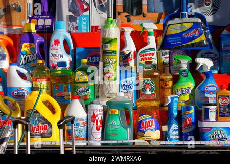A store window display of American household cleaning products, soaps and detergents. Stock Photo