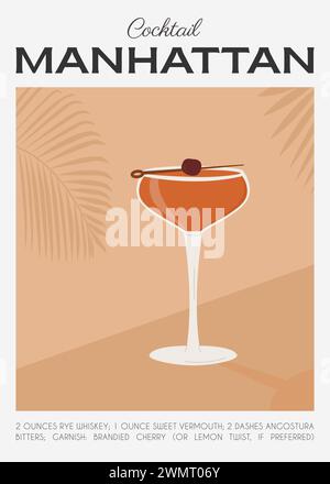 Manhattan Classic Cocktail garnished with maraschino cherry. Classic alcoholic beverage recipe wall art print. Summer aperitif poster. Minimalist Stock Vector
