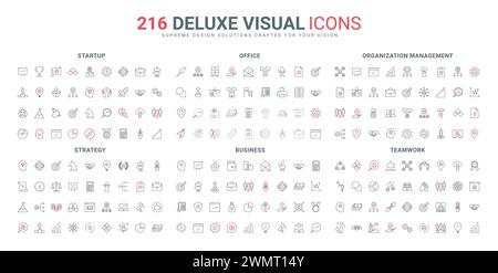 Collaboration, teamwork for success and business agreements, startup line icons set. Search for strategy and ideas, time management, office communication thin black and red symbols vector illustration Stock Vector