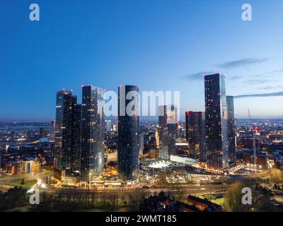 Aerial of Deansgate Square Manchester UK in the blue zone just before sunrise.Deansgate Square South Tower Stock Photo