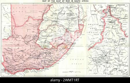Vintage Map:  'Map of seat of war in South Africa' . Second Boer War. Published GW Steevens, circa 1900   .  Illustrating From Cape Town to Ladysmith. Stock Photo