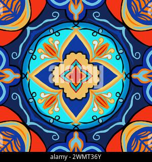 Seamless pattern with mandalas in blue and orange colors. Stock Photo