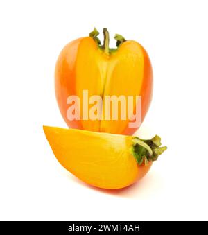 Persimmon on a white background. Ripe and tasty fruit.  Pieces of delicious ripe persimmons. Ingredient for fruit salads. Vegetarianism. Diet. Snack. Stock Photo