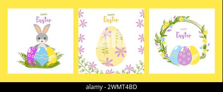 Easter banner design for Social Media web packaging and advertising. Cute bunny and Easter eggs in bright colors. Three separate color posters. Vector illustration. Stock Vector