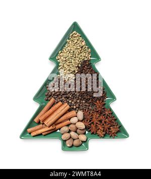 Different spices and nuts isolated on white, top view Stock Photo