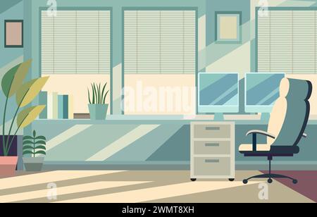 Flat Design Illustration of Office Room with Big Window and Modern Furniture Stock Vector