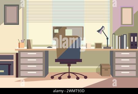 Flat Vector Design of Workplace Landscape in the Office with Computer and Books on a Desk Stock Vector