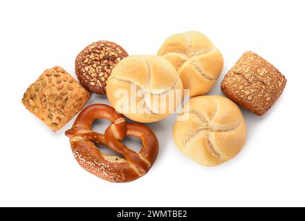 Different delicious buns and pretzel on white background Stock Photo