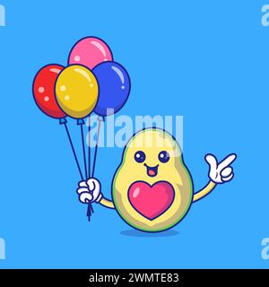 Cute Avocado holding balloons Mascot Character Vector Icon Illustration Stock Vector