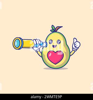 Cute Avocado holding telescope Mascot Character Vector Icon Illustration Stock Vector