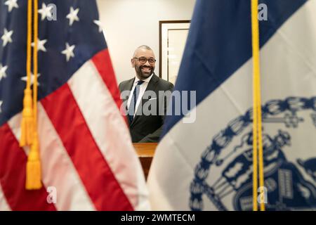 Home Secretary James Cleverly visits the NYPD headquarters in New York where he met with Police Commissioner Edward Caban during his one day visit to the U.S. city where he earlier gave a speech about illegal immigration. Picture date: Tuesday February 27, 2024. Stock Photo