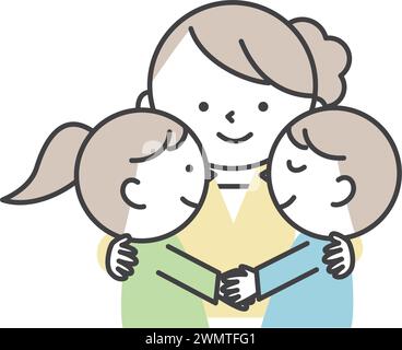 young mother hugging her children. Images of Mother's Day and Children's Day. Simple and cute character illustration. Stock Vector