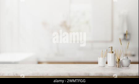 A presentation space on a luxury white marble table features toiletries in an elegant, bright bathroom. close-up image. 3d render, 3d illustration Stock Photo