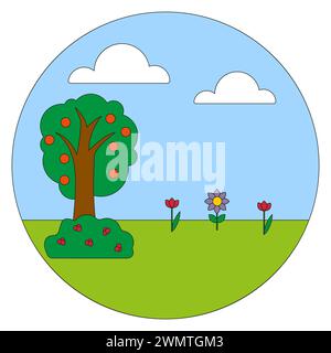 Creation day, nature scene. Tree with apples, blooming flowers. Peaceful garden illustration. Vector illustration. EPS 10. Stock Vector